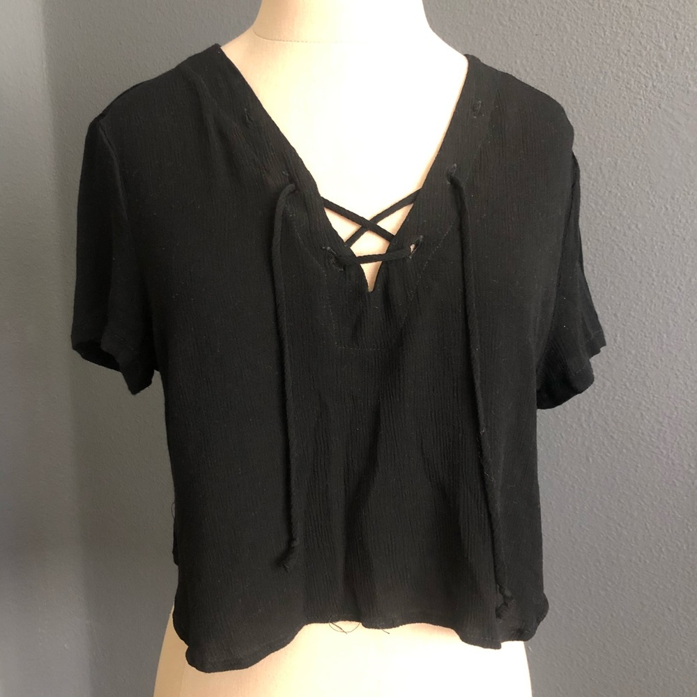 Brandy Melville Black Lace Up Short Sleeve Top